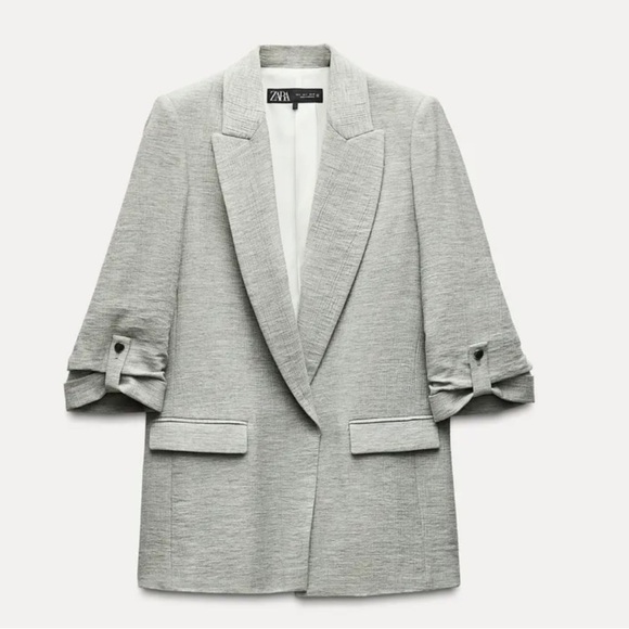 Zara Long Open Blazer Lapel Collar Padded Shoulders Grey Size M - Picture 4 of 8